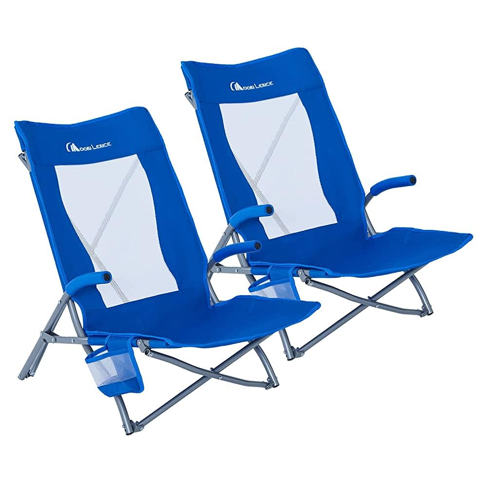 2 Pack Low Beach Lounge Chair with Cup Holder & Carry Bag O661679
