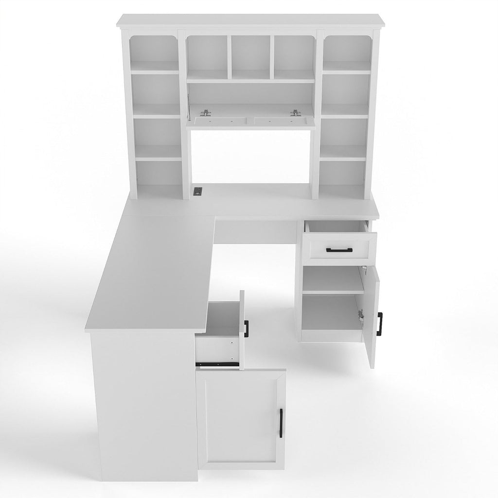 White L-Shaped Computer Desk with Hutch and Storage W576
