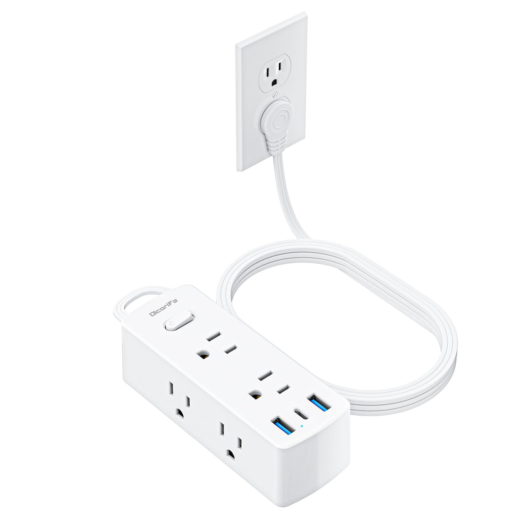 Flat Plug Power Strip with 5 FT Extension Cord, 6 Outlets 3 USB Ports, White W6983