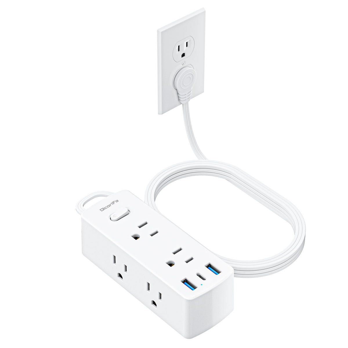 Flat Plug Power Strip with 5 FT Extension Cord, 6 Outlets 3 USB Ports, White W6983