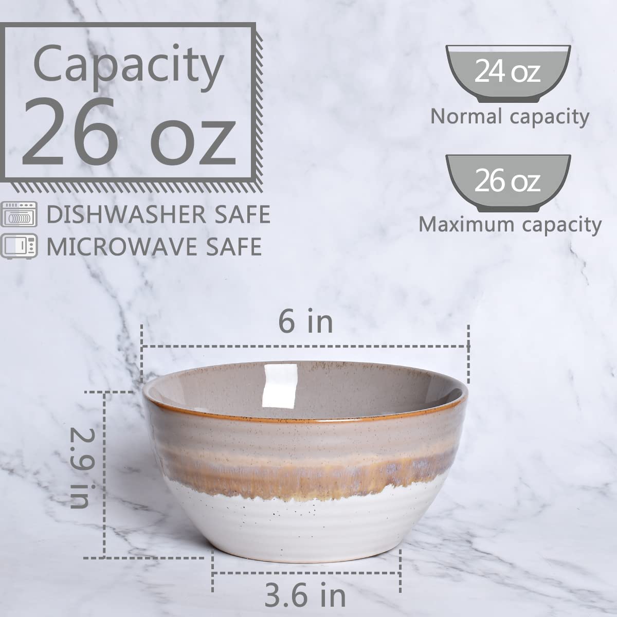 Ceramic Cereal Bowl Set of 4, 26 Oz, 6 in V74269