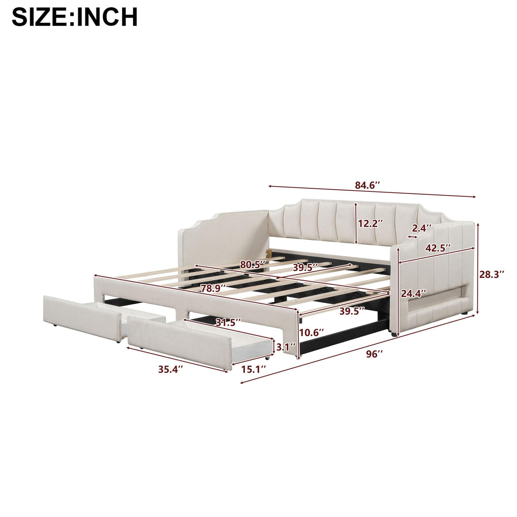 Twin XL to King Extendable Upholstered Daybed Frame with 2 Storage Drawers M9477