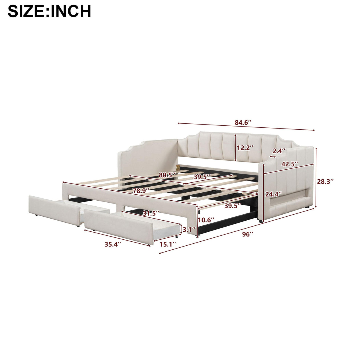 Twin XL to King Extendable Upholstered Daybed Frame with 2 Storage Drawers M9477