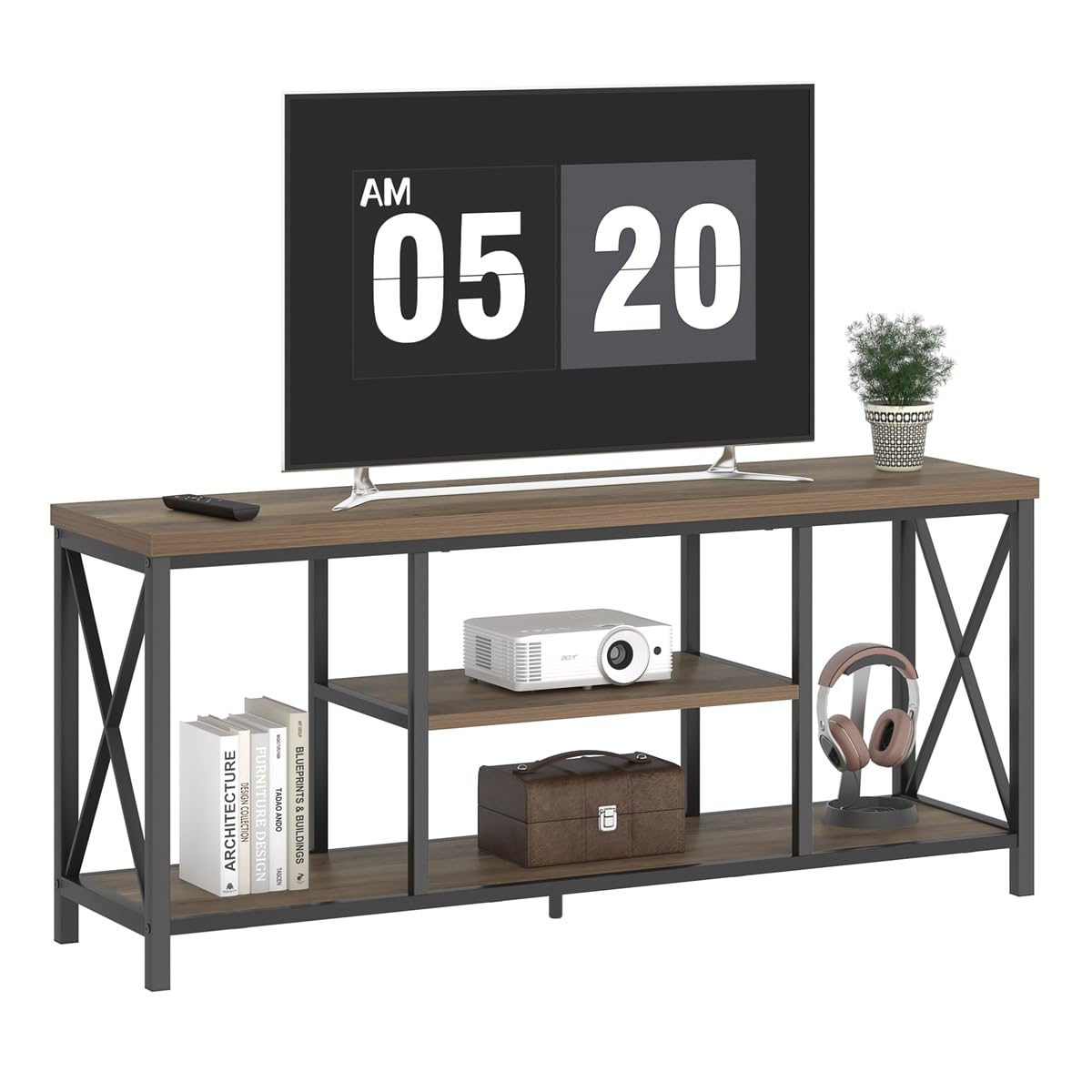 Oak 55 inch Wood and Metal TV Stand with Storage Shelves G20222