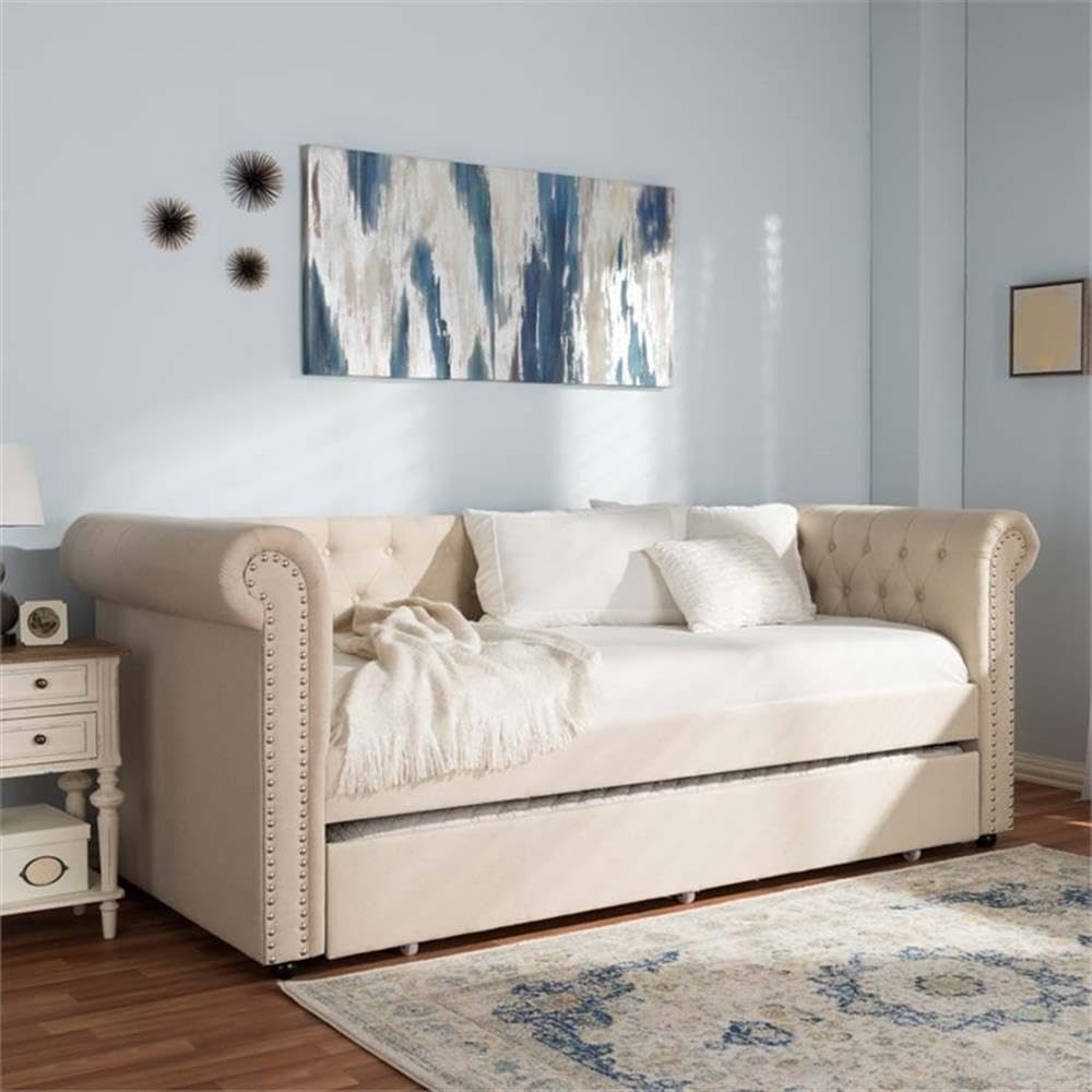 Light Beige Upholstered Twin Daybed with Trundle S50857