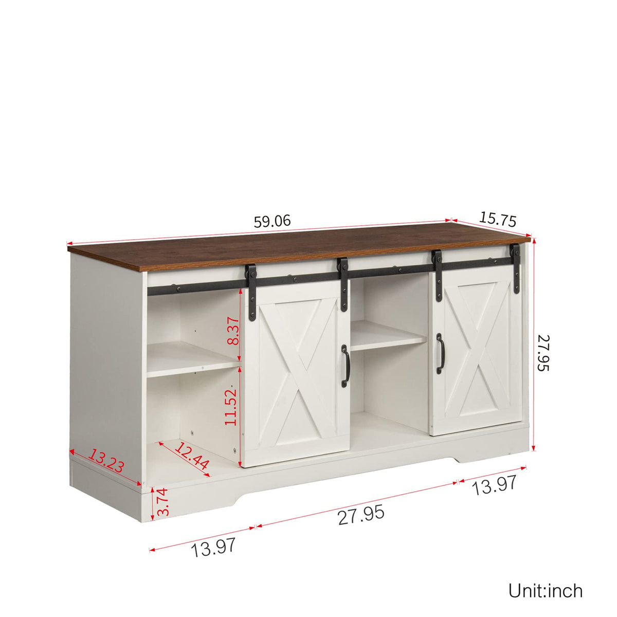 65 Inch TV Stand with Sliding Barn Doors and Storage Cabinets B54222