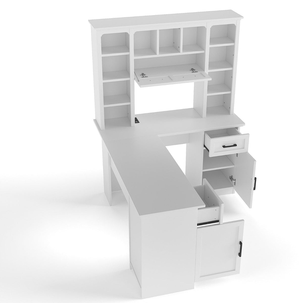 White L-Shaped Computer Desk with Hutch and Storage W576