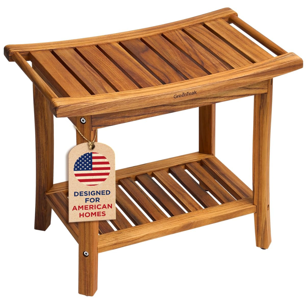 22" Teak Wood Shower Bench with Shelf & Handles Q5296