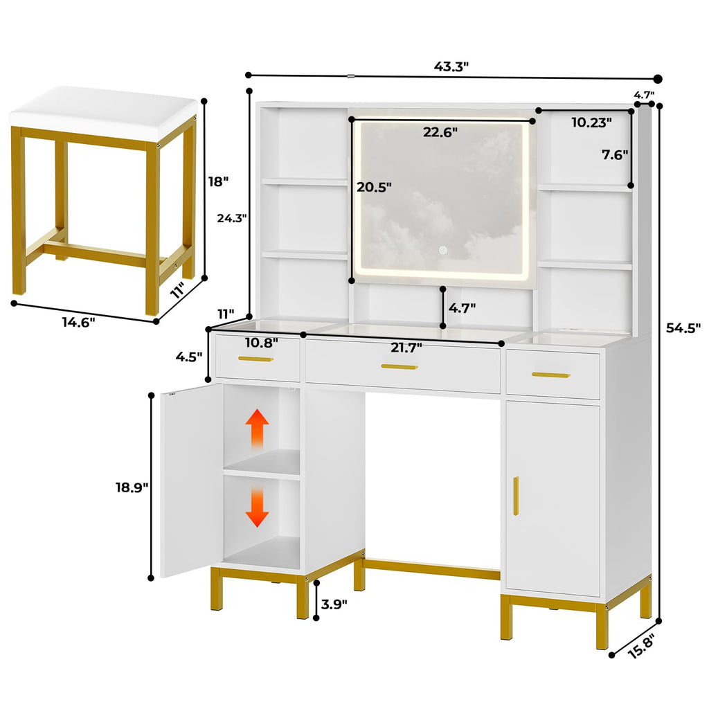 White Vanity Desk with Mirror and Lights W222