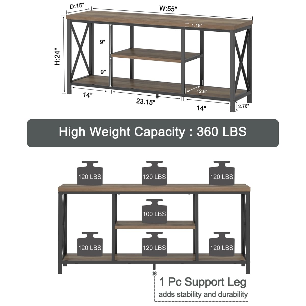 Oak 55 inch Wood and Metal TV Stand with Storage Shelves G20222