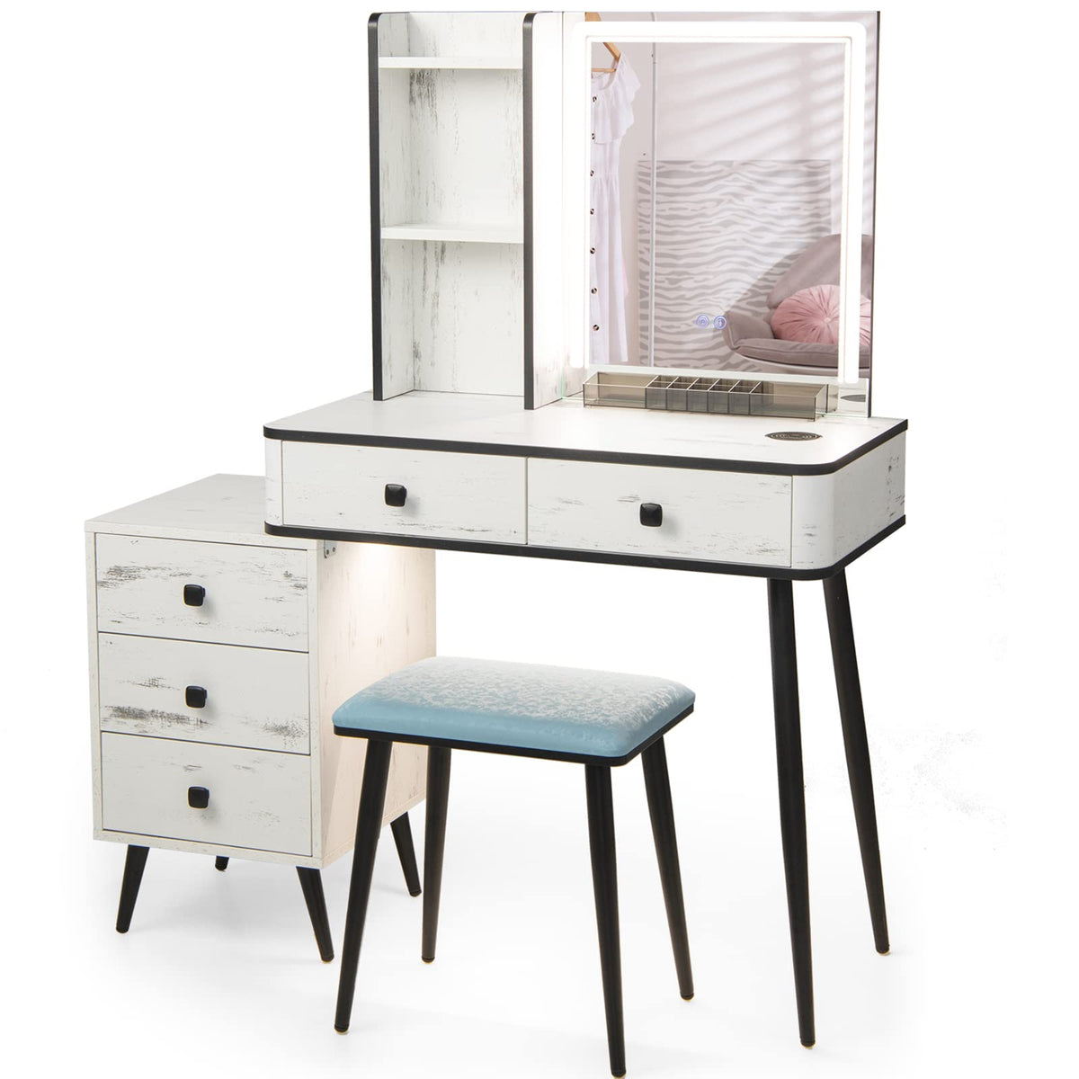 Makeup Vanity Table with Lighted Mirror and Stool X359345