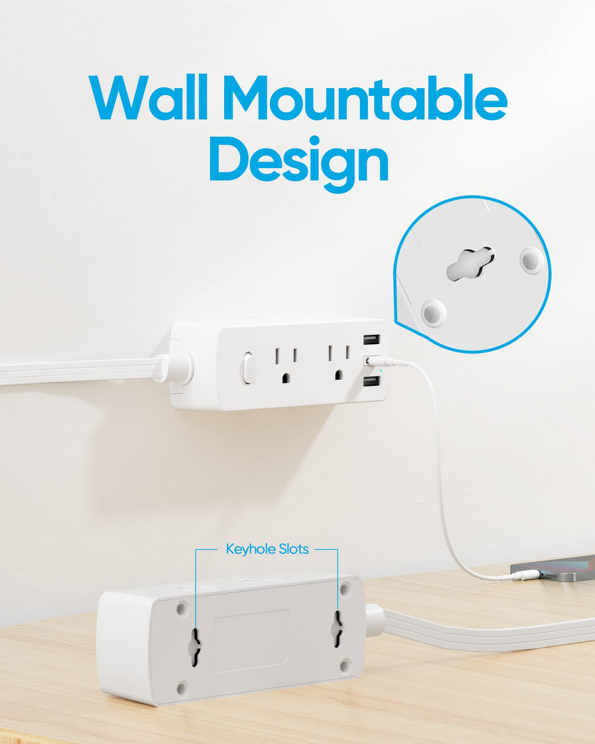 Flat Plug Power Strip with 5 FT Extension Cord, 6 Outlets 3 USB Ports, White W6983
