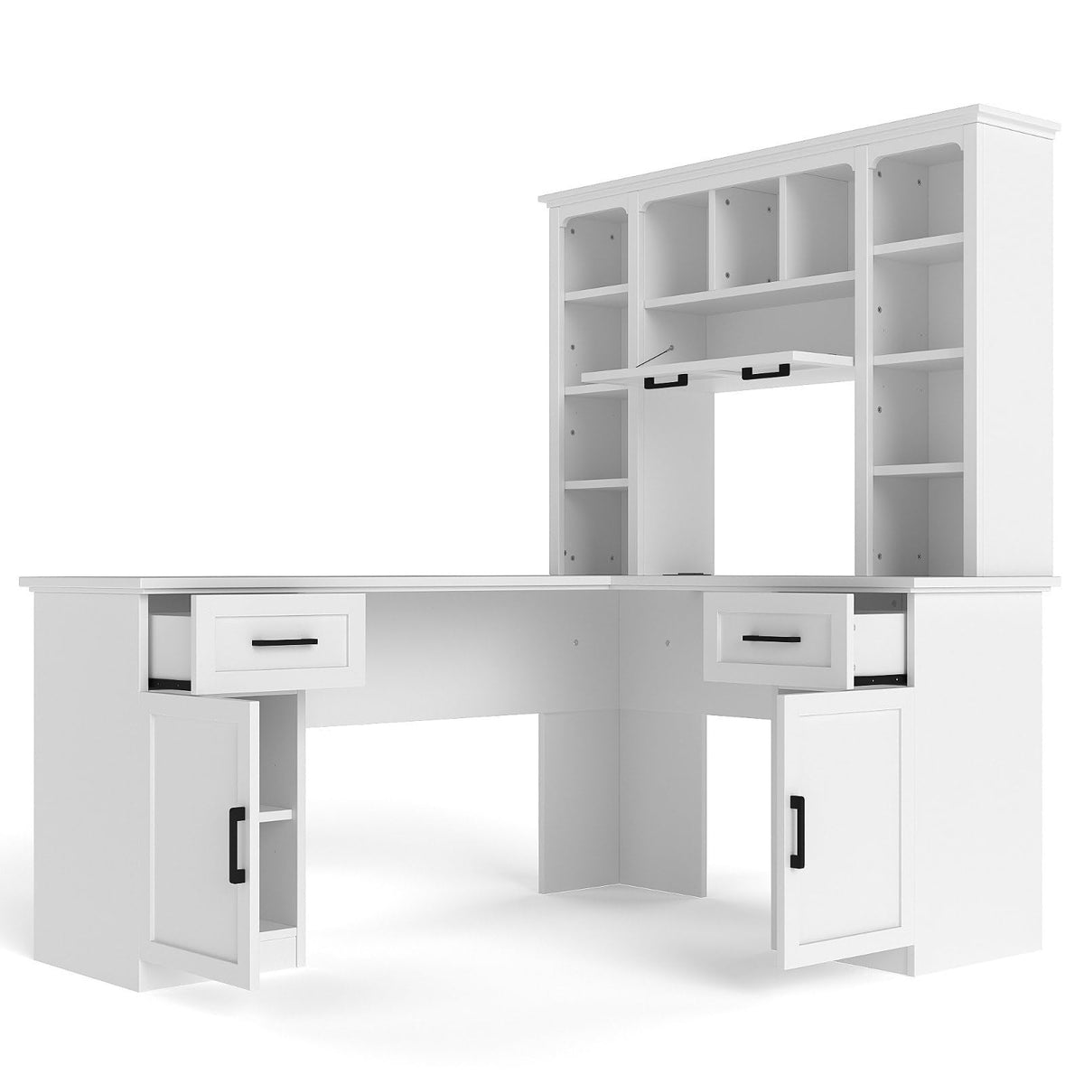 White L-Shaped Computer Desk with Hutch and Storage W576