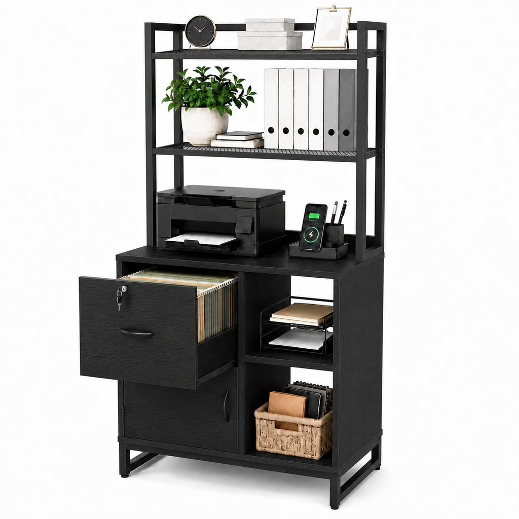 Black Vertical Filing Cabinet with Bookshelf P30476