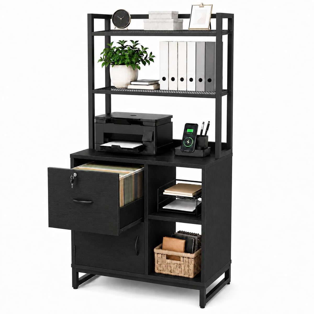 Black Vertical Filing Cabinet with Bookshelf P30476