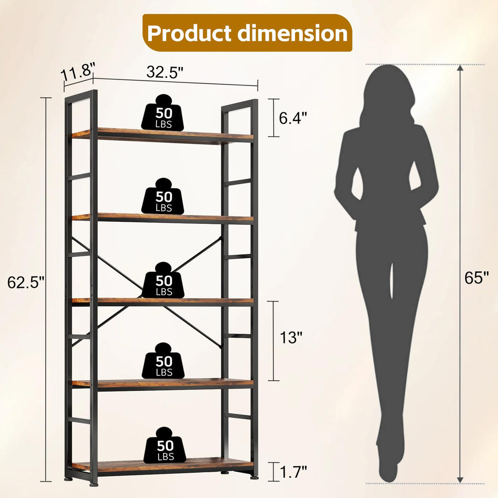 32 Inch 5-Tier Wood Metal Bookshelf O969321