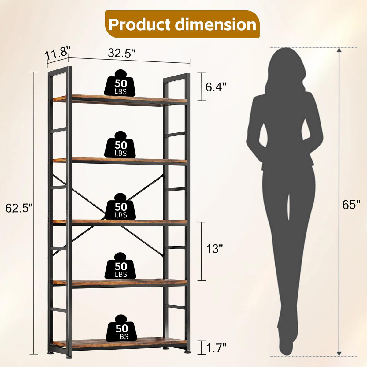 32 Inch 5-Tier Wood Metal Bookshelf O969321