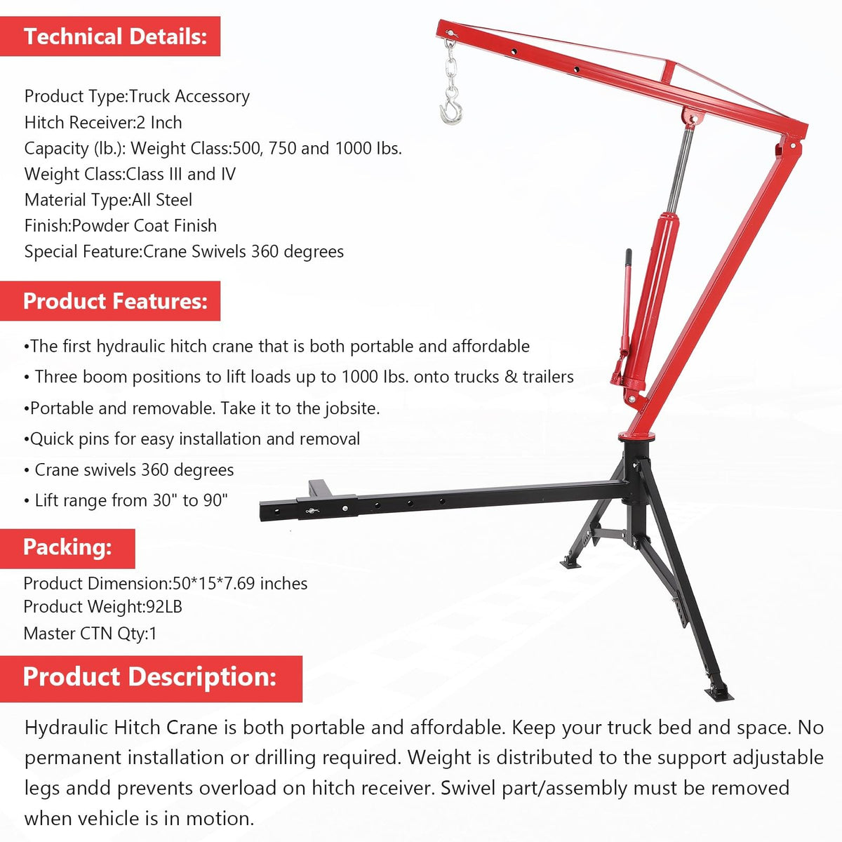 Hydraulic Pickup Truck Crane 360° Swivel 2-Inch Hitch Receiver 1000 Lbs K71543