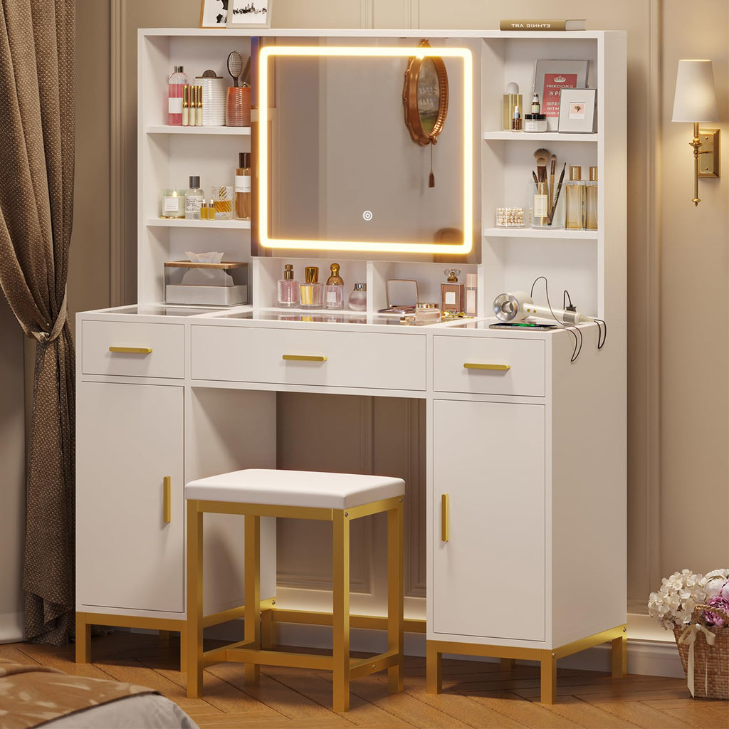 White Vanity Desk with Mirror and Lights W222