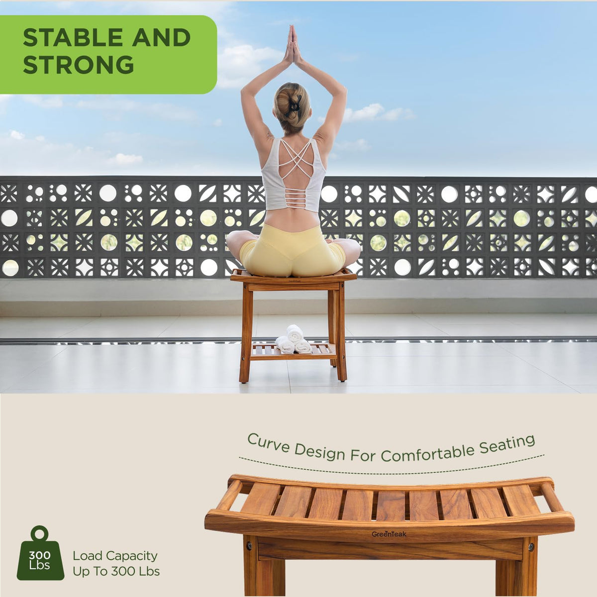 22" Teak Wood Shower Bench with Shelf & Handles Q5296