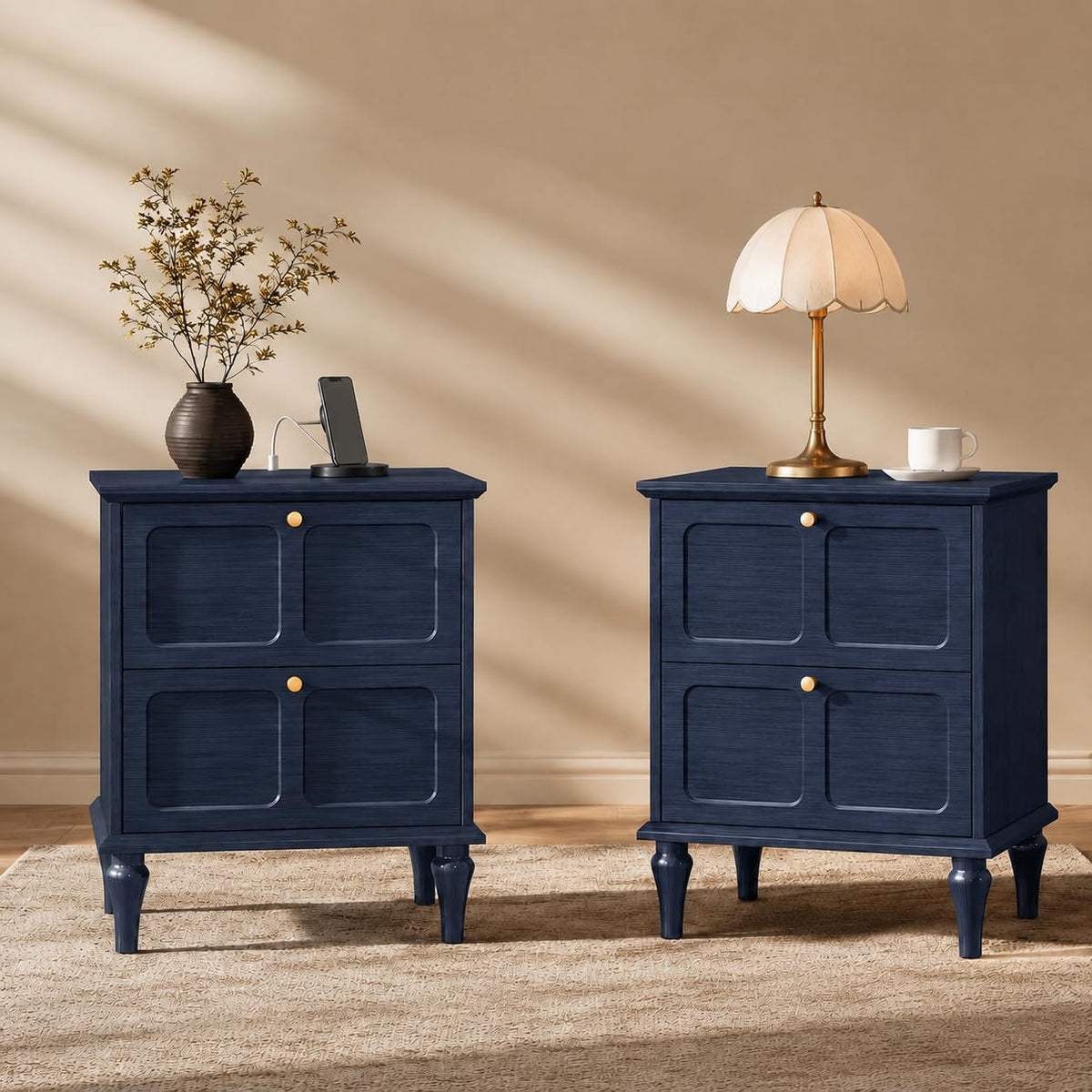 Blue Wood Nightstands Set of 2 with 2 Drawers M59374