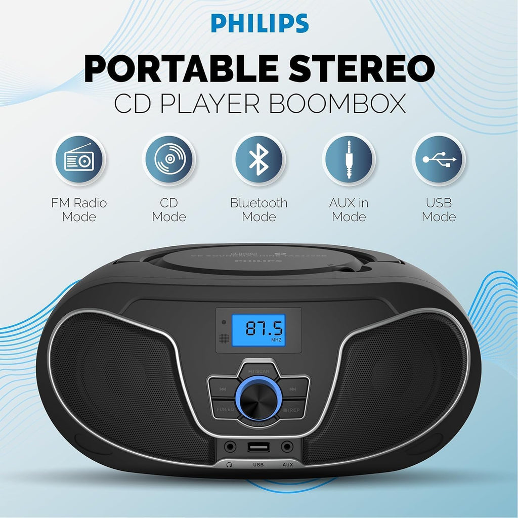 Portable CD Player Boombox with Bluetooth, FM Radio, USB Playback & AUX Input E17446