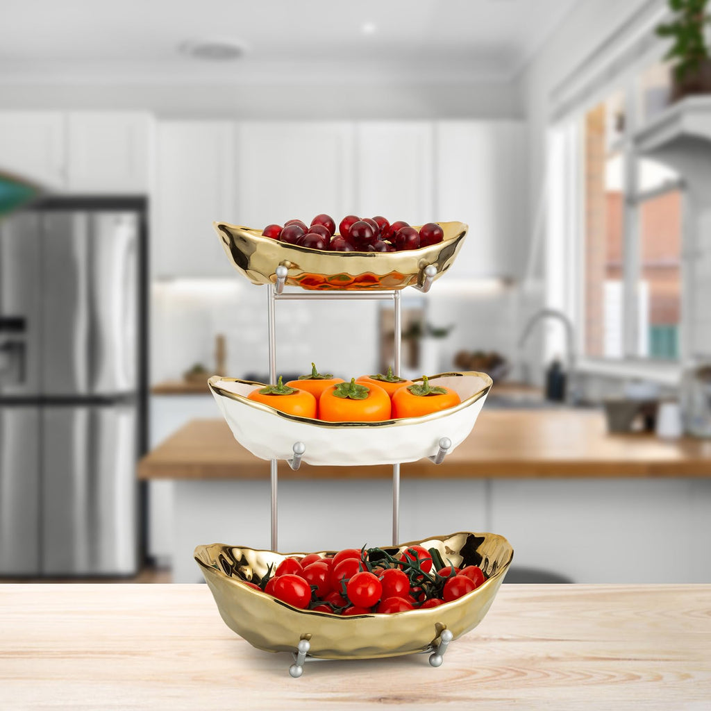 3 Tier Ceramic Serving Bowls with Metal Stand M445