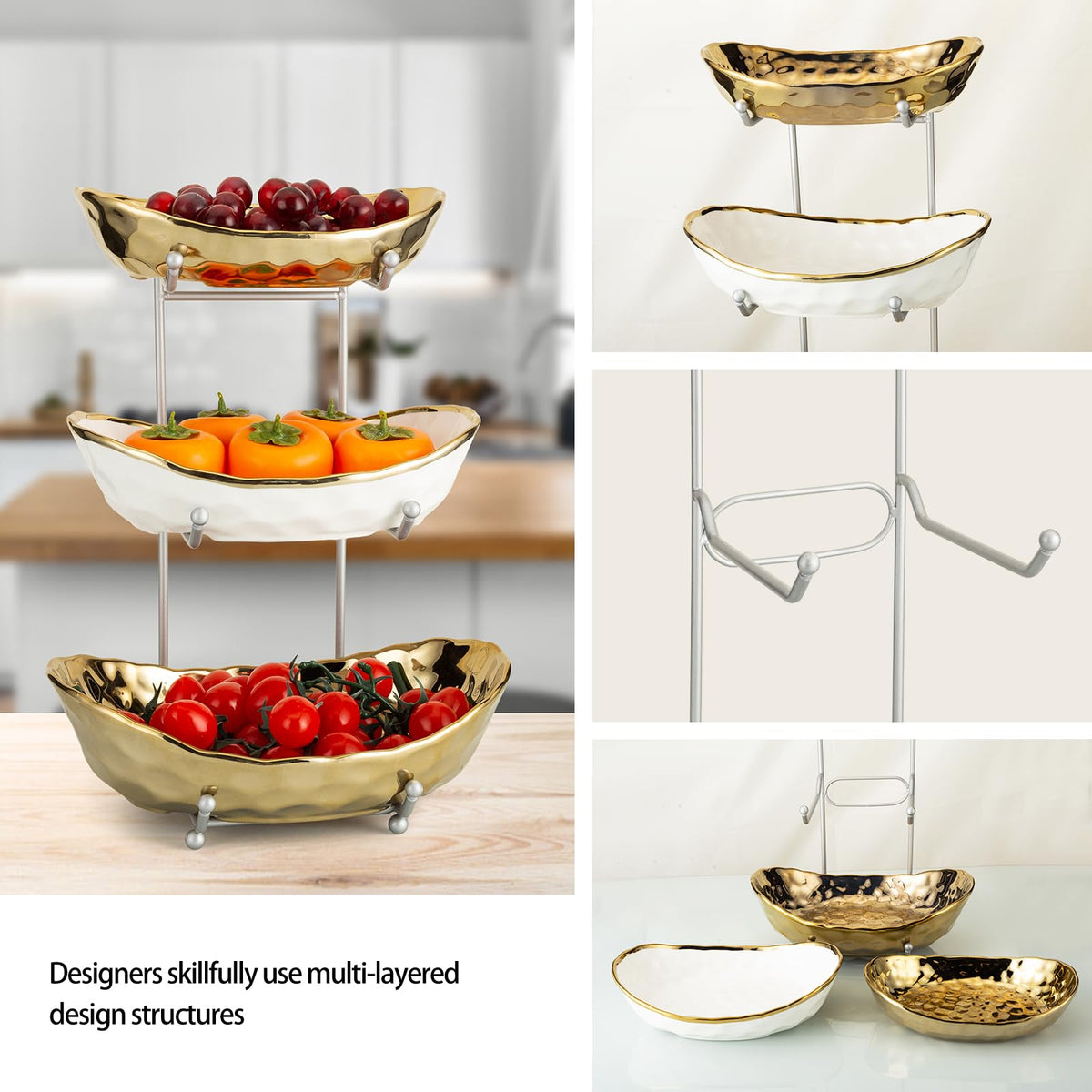 3 Tier Ceramic Serving Bowls with Metal Stand M445