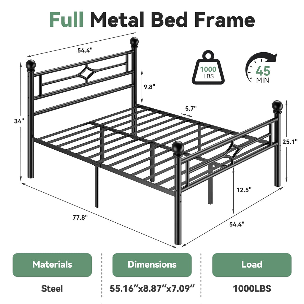 Black Full Metal Platform Bed Frame with Headboard and Footboard D377