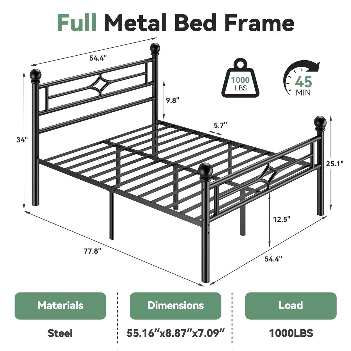 Black Full Metal Platform Bed Frame with Headboard and Footboard D377