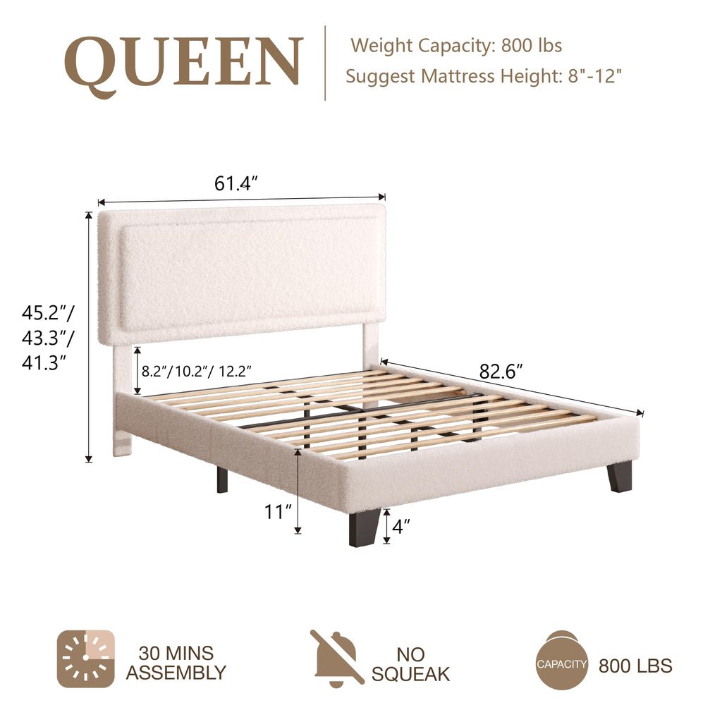 White Queen Size Upholstered Platform Bed Frame with Adjustable Headboard P978904