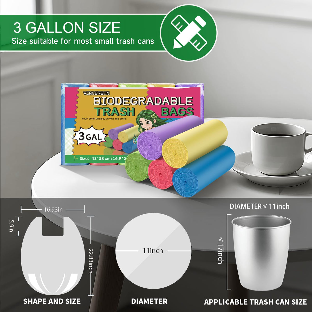 3 Gallon Biodegradable Unscented Trash Bags 100 Count V320746