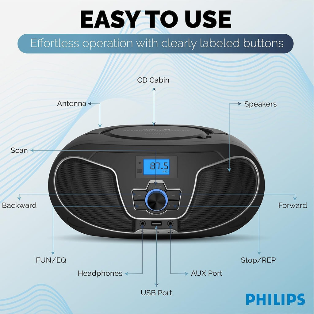Portable CD Player Boombox with Bluetooth, FM Radio, USB Playback & AUX Input E17446