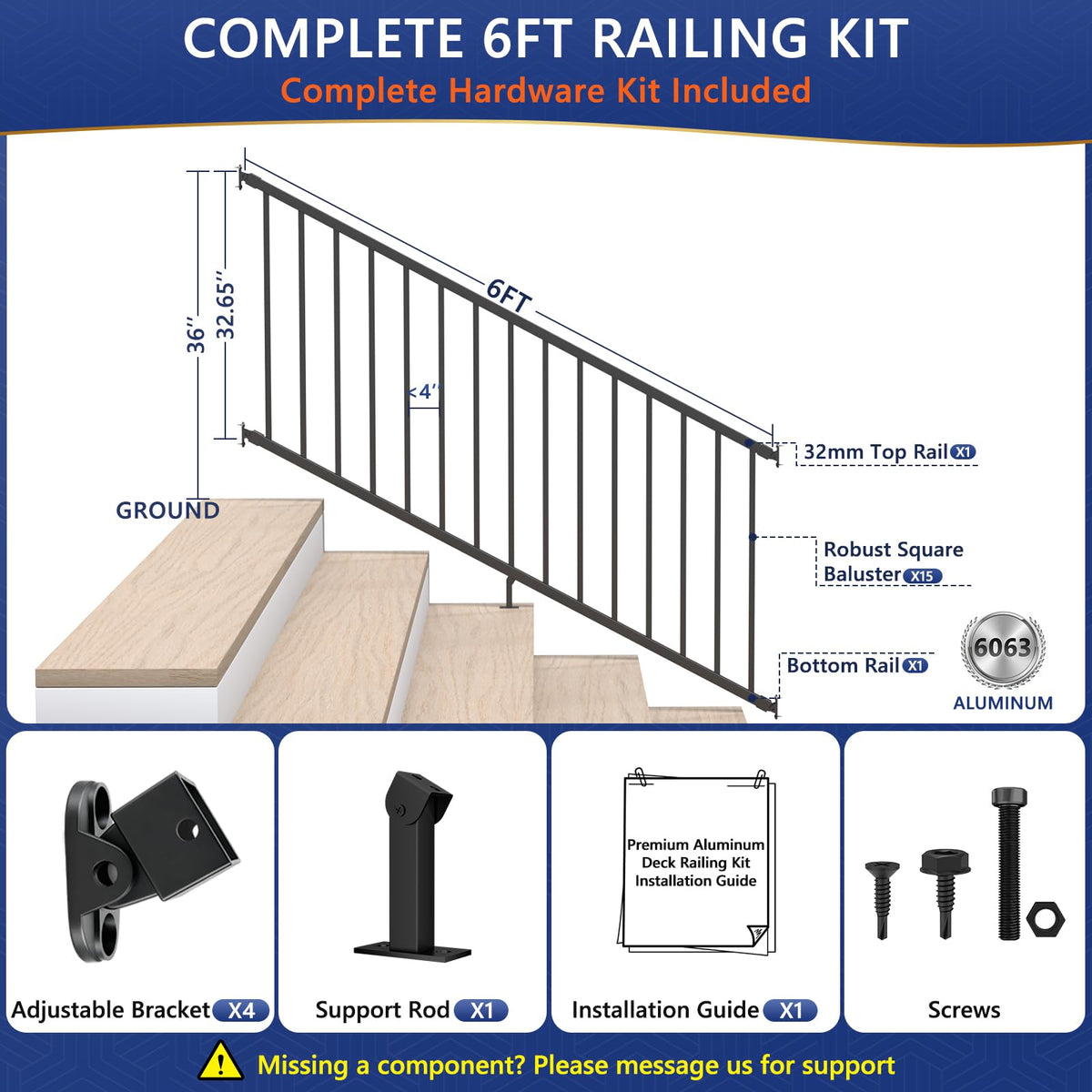 6 ft W Real Aluminum Stair Railing Kit K894