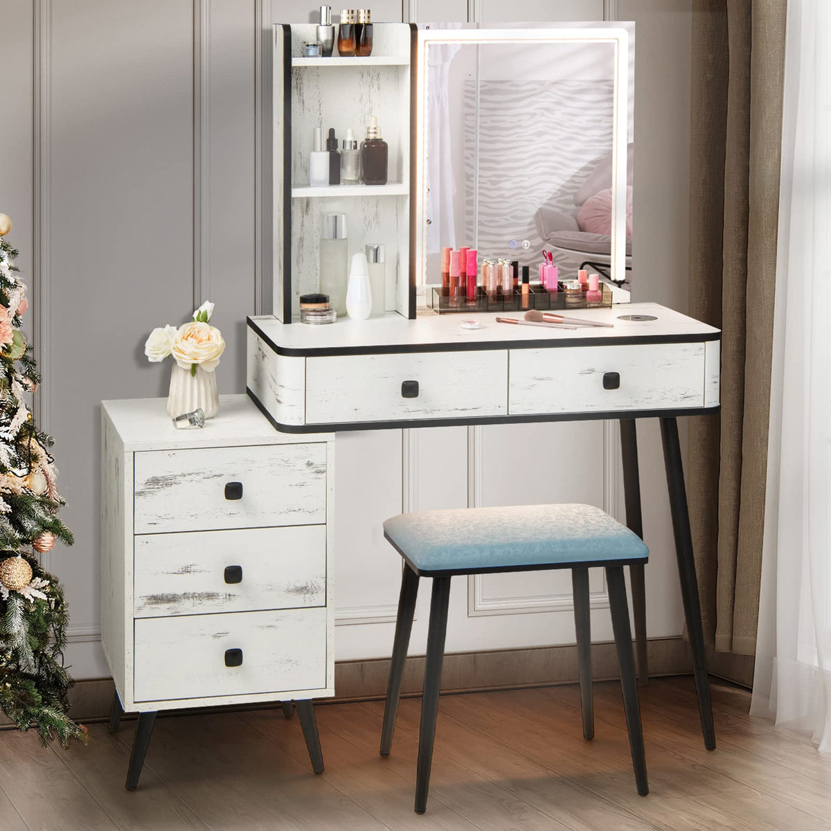 Makeup Vanity Table with Lighted Mirror and Stool X359345