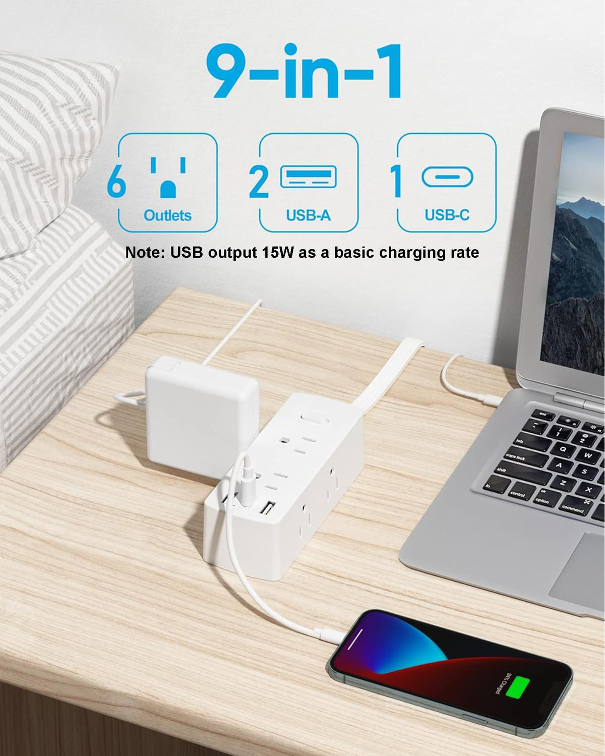 Flat Plug Power Strip with 5 FT Extension Cord, 6 Outlets 3 USB Ports, White W6983