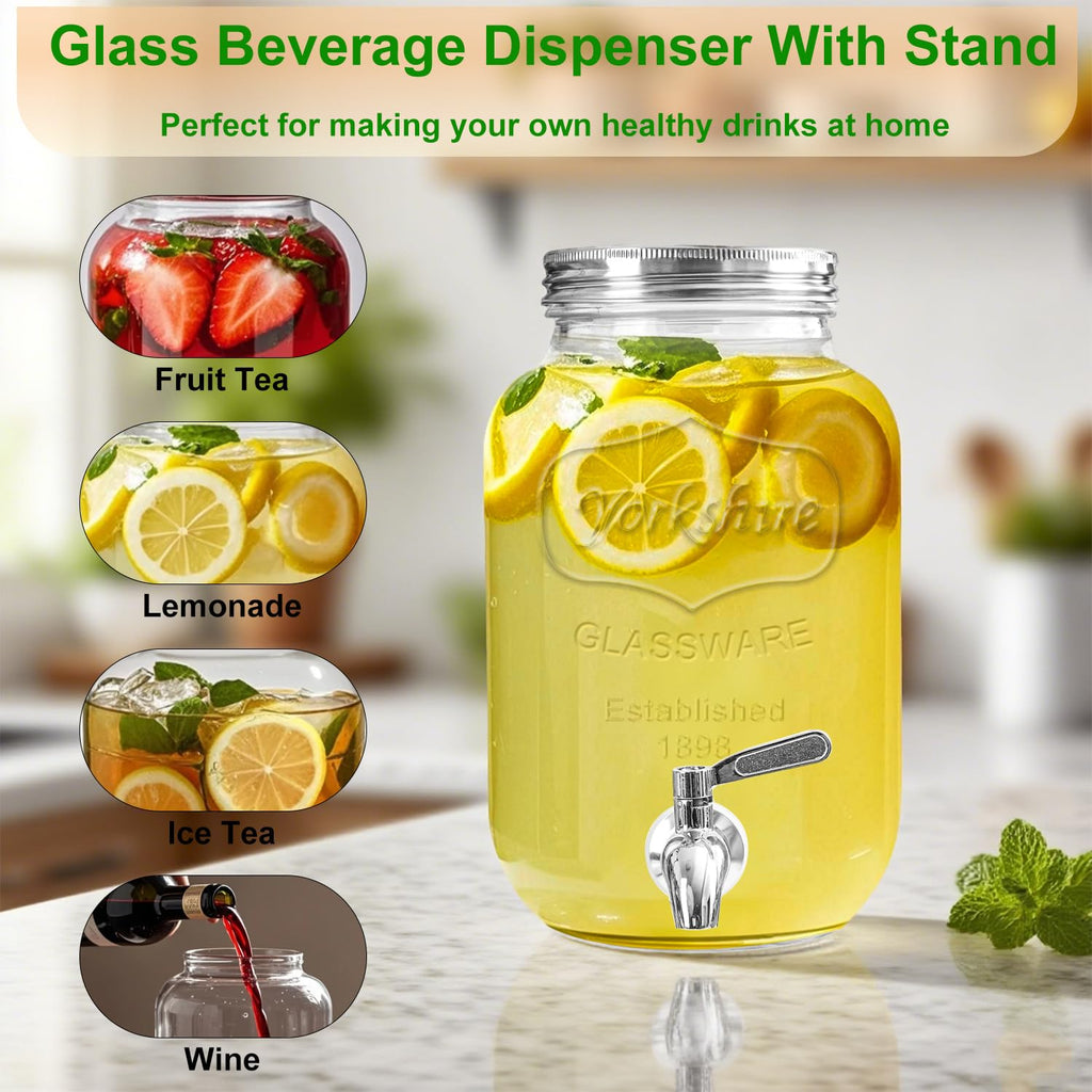 1 Gallon Glass Drink Dispenser with Stand and Spigot, 2 Pack S1541
