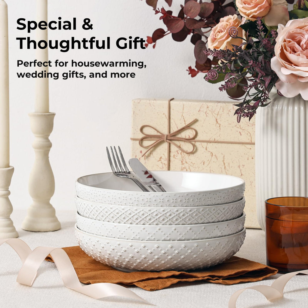 8.5" Ceramic Pasta Bowls Set of 4, 30 oz Soft White J944654