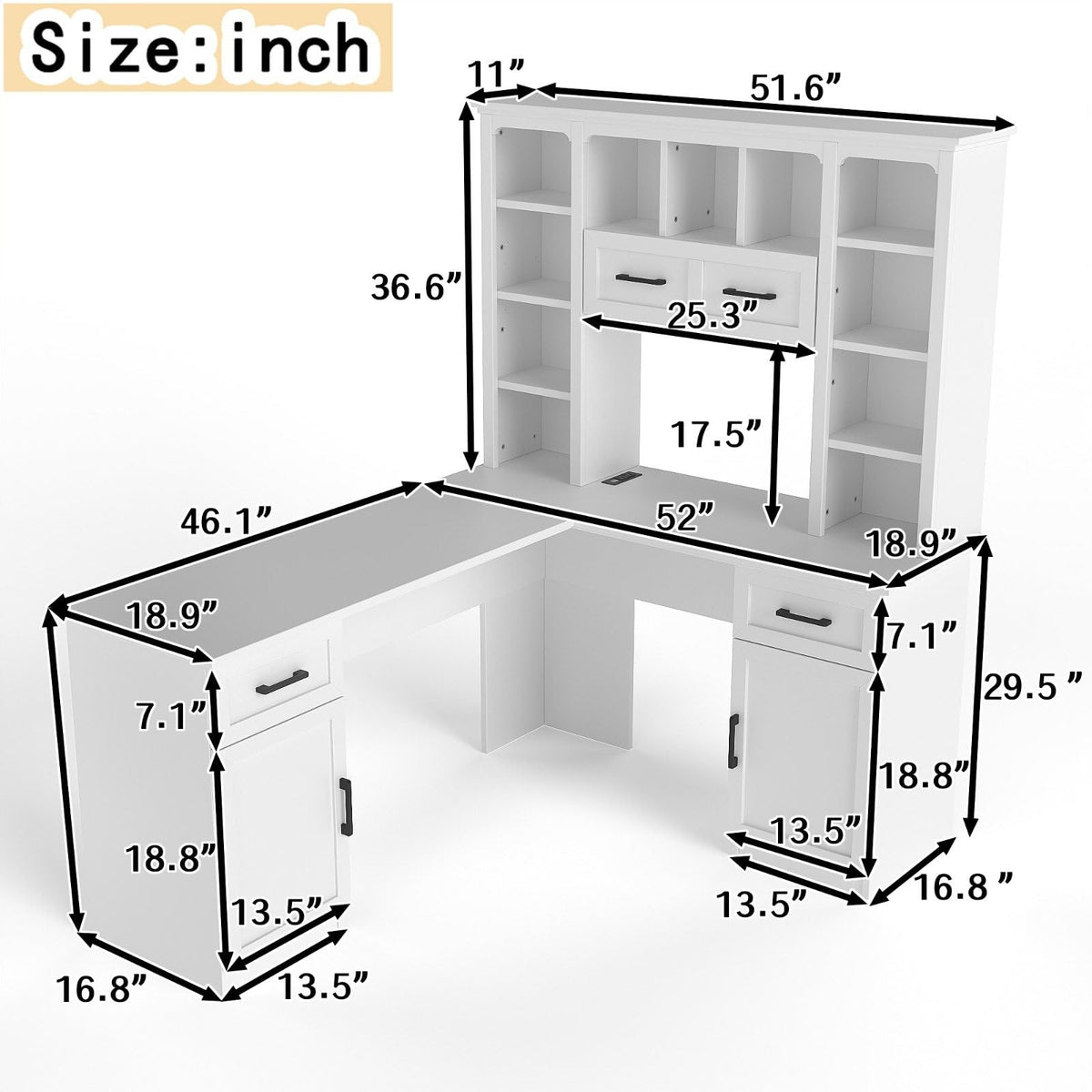White L-Shaped Computer Desk with Hutch and Storage W576