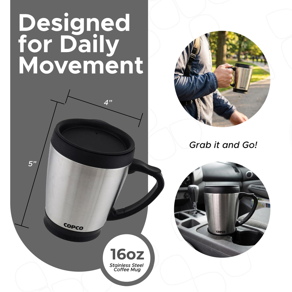 Double Wall Stainless Steel Coffee Mug with Lid 16 Oz Silver D696856