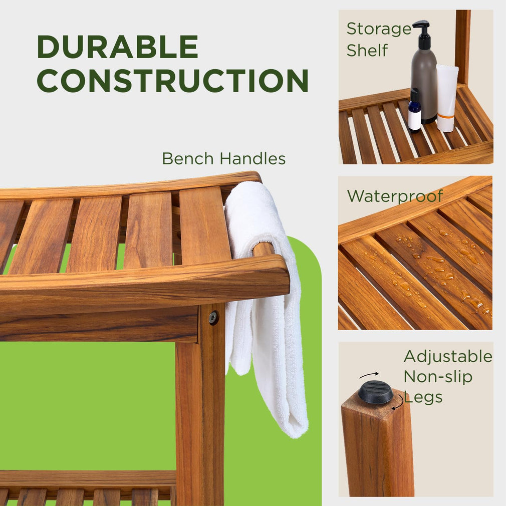 22" Teak Wood Shower Bench with Shelf & Handles Q5296