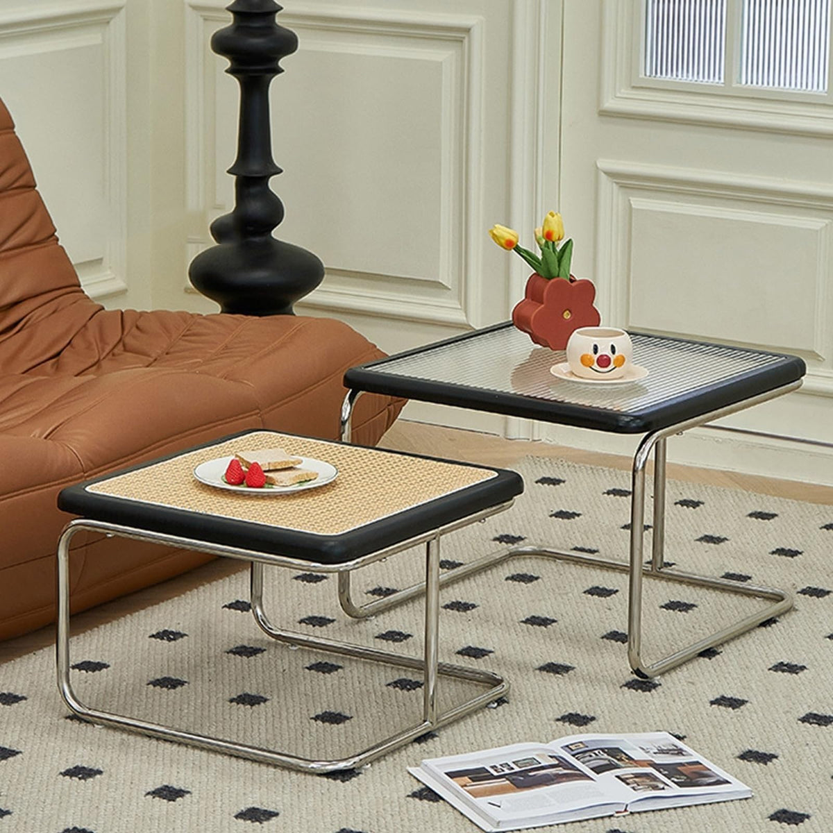 Mid Century Modern Coffee Table Set of 2 Square Metal Base M38613