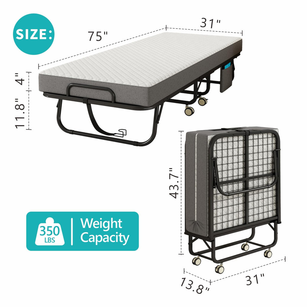 Folding Bed with Mattress, 75" x 31" Portable Rollaway Bed, Metal Frame Guest Bed with Memory Foam Mattress C48625