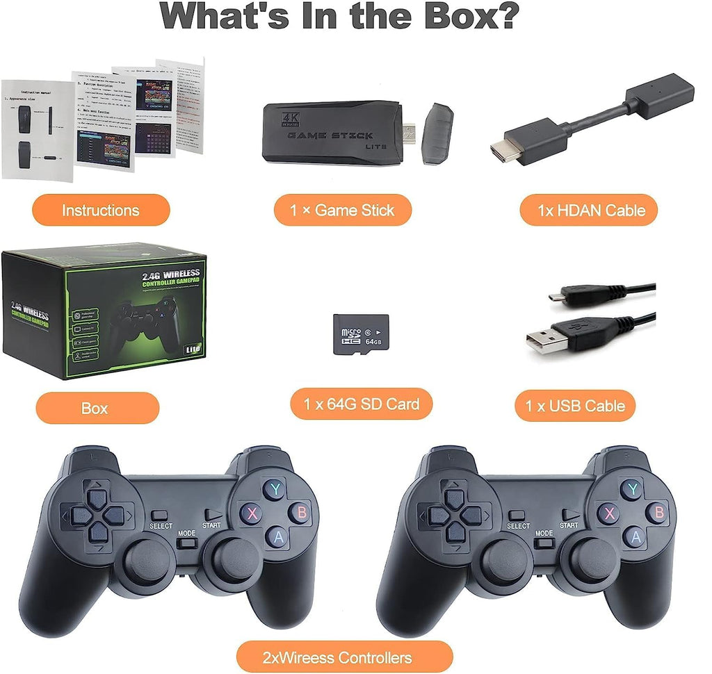 Plug and Play Retro Game Console with 4K HDMI Output, 2.4G Wireless Controllers, 64GB Memory Card B975