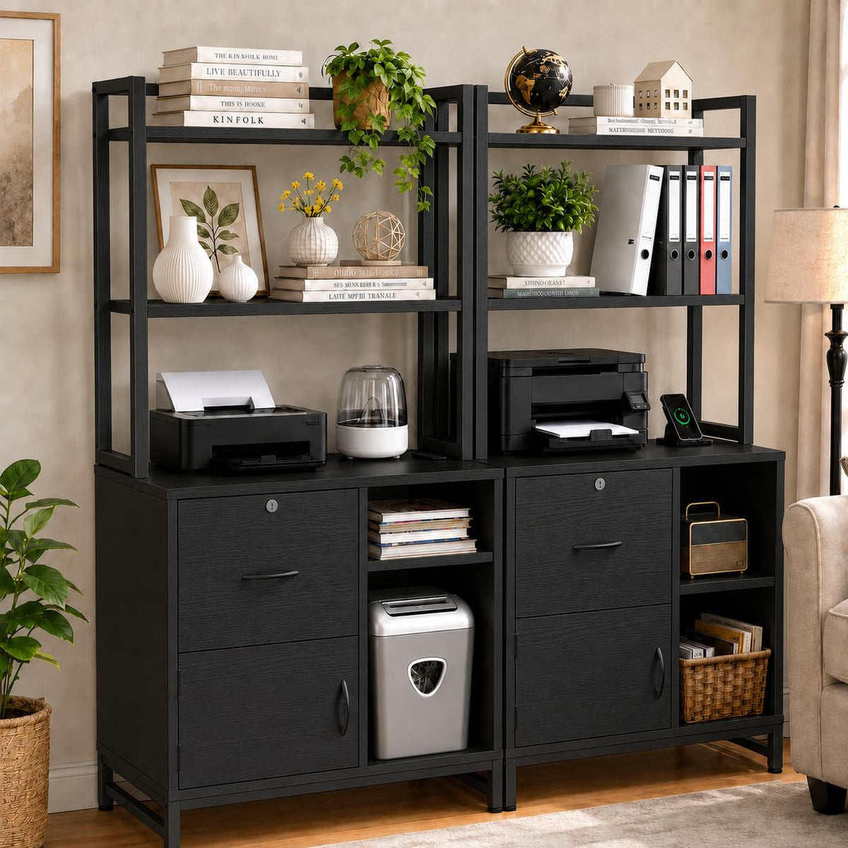Black Vertical Filing Cabinet with Bookshelf P30476