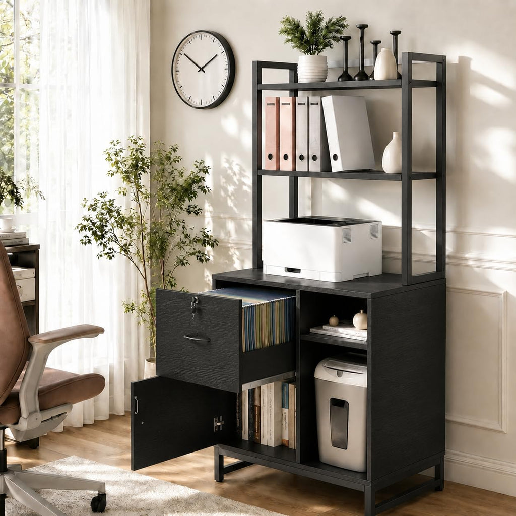Black Vertical Filing Cabinet with Bookshelf P30476