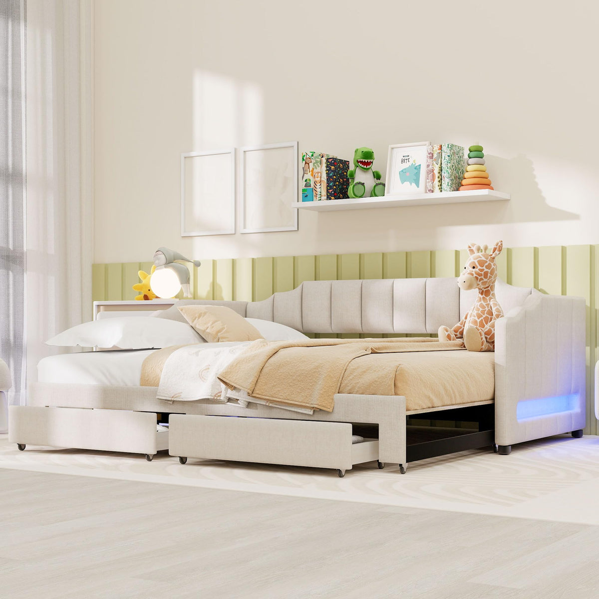 Twin XL to King Extendable Upholstered Daybed Frame with 2 Storage Drawers M9477