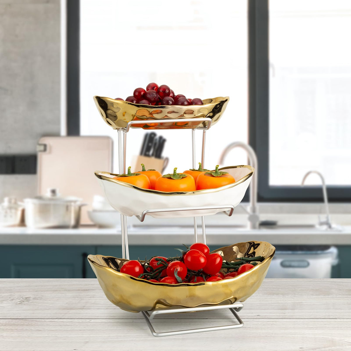 3 Tier Ceramic Serving Bowls with Metal Stand M445