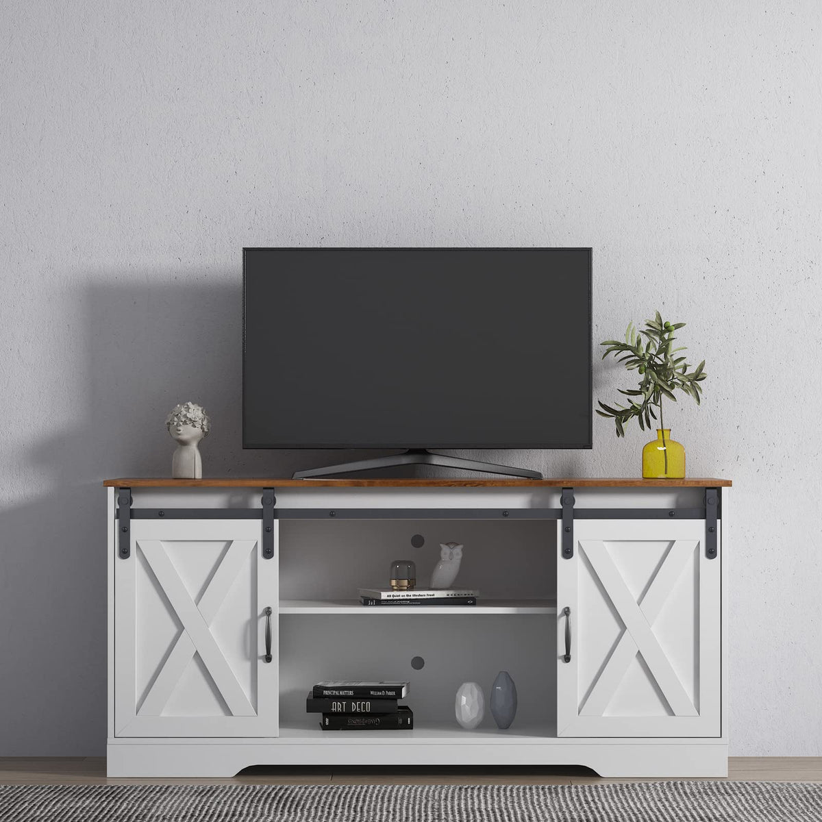 65 Inch TV Stand with Sliding Barn Doors and Storage Cabinets B54222