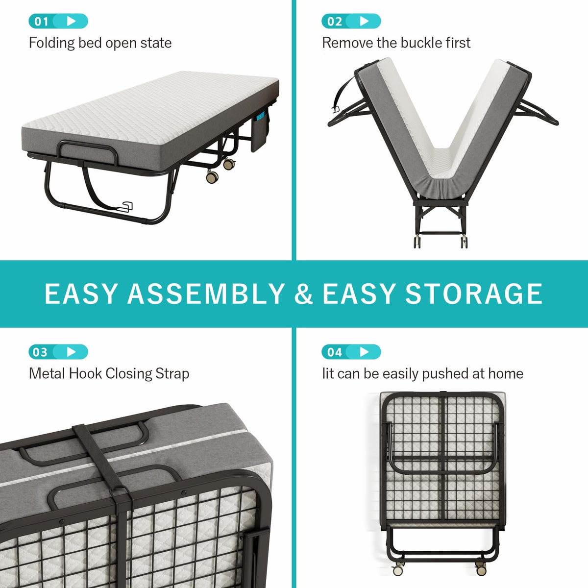 Folding Bed with Mattress, 75" x 31" Portable Rollaway Bed, Metal Frame Guest Bed with Memory Foam Mattress C48625